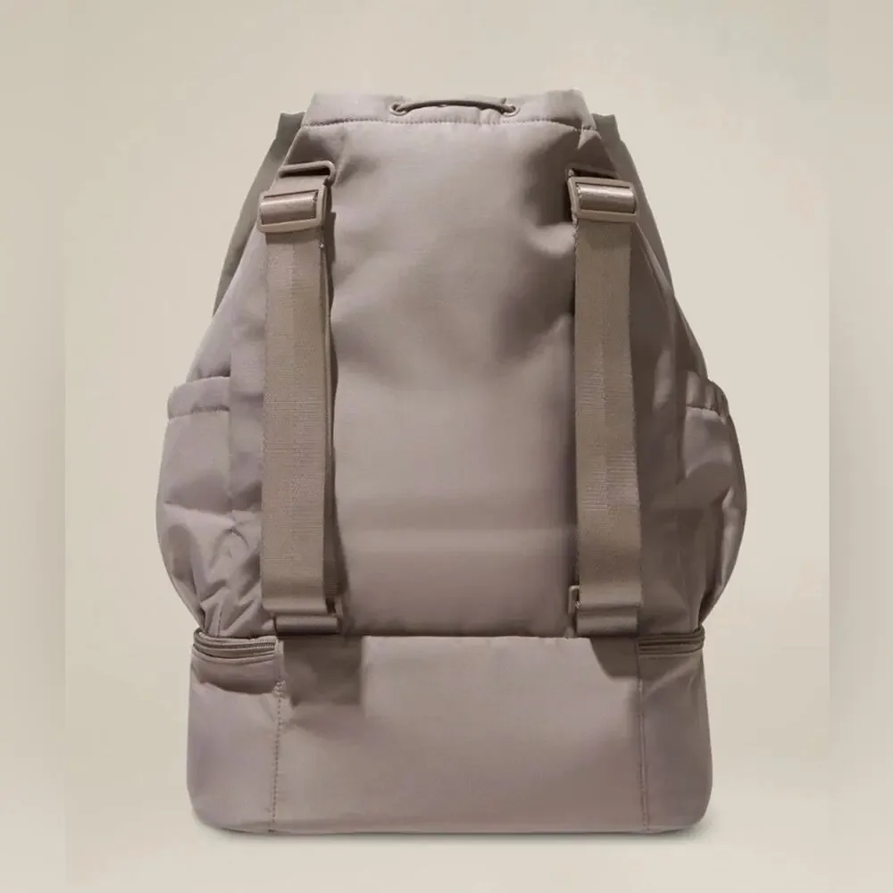 Beyond Yoga Taupe Drawstring Top Backpack with Lower Zip Compartment
